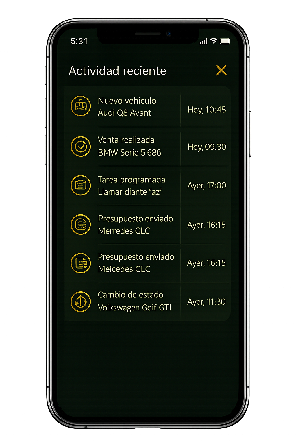 App móvil de Garum Car Gest — Actividad reciente